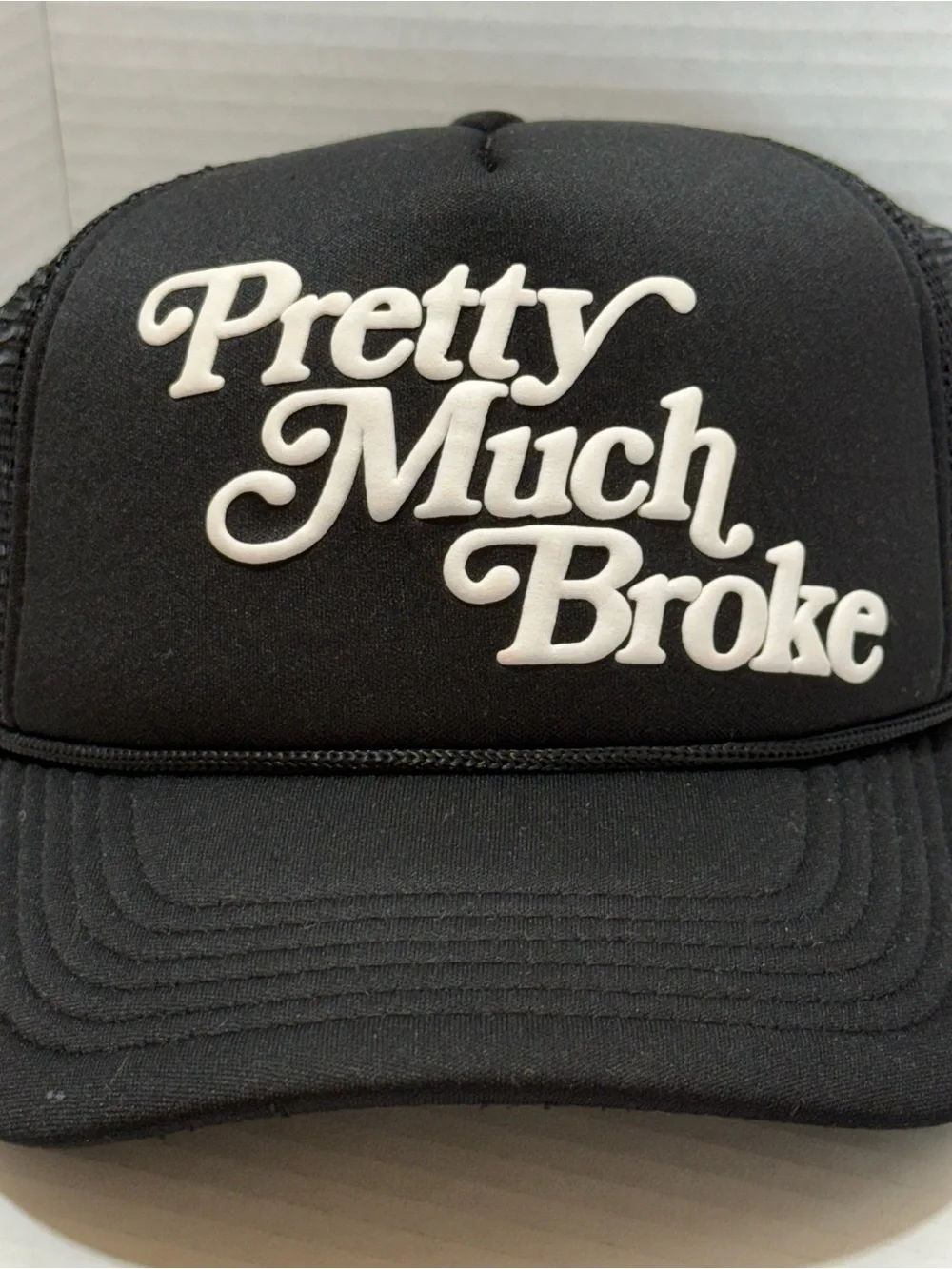Apthcry “Pretty Much Broke” Black Foam Mesh Trucker Hat